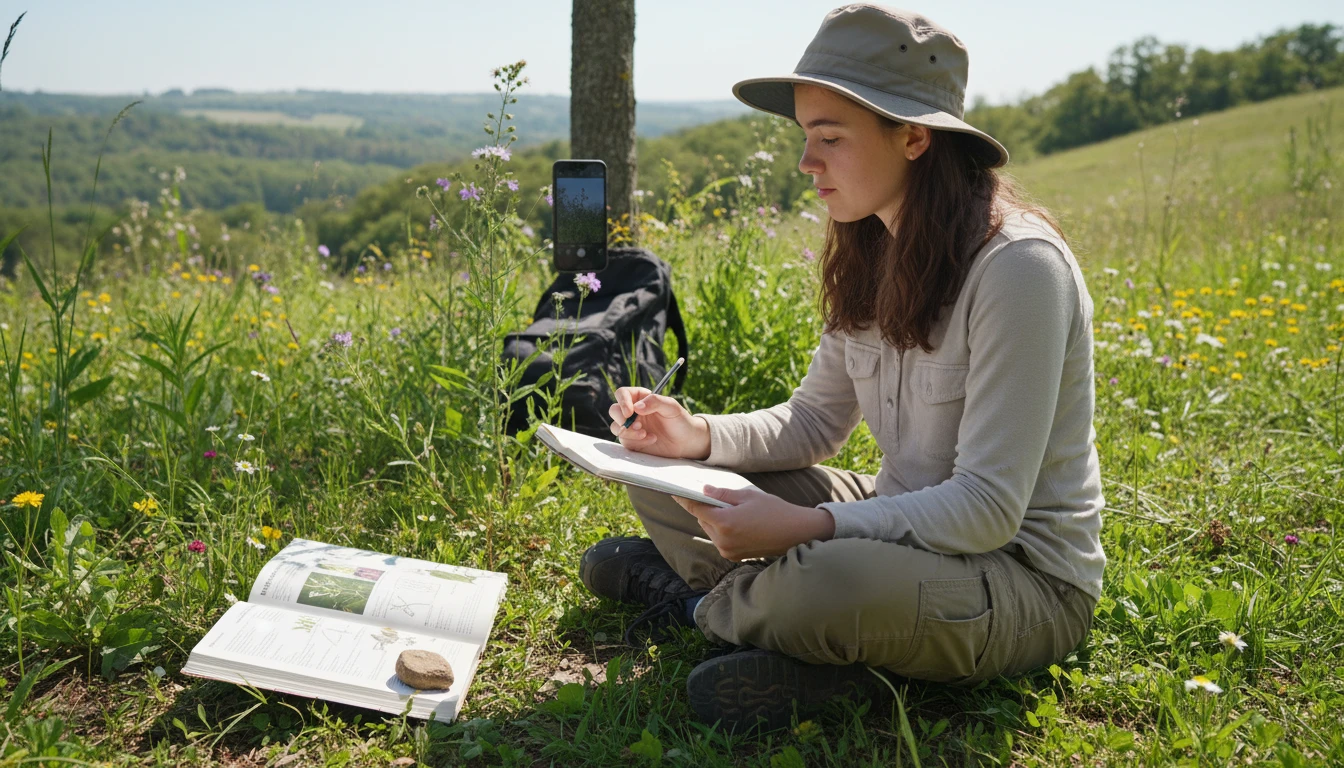 Botany student sketching a flower and photographing it for a field study project