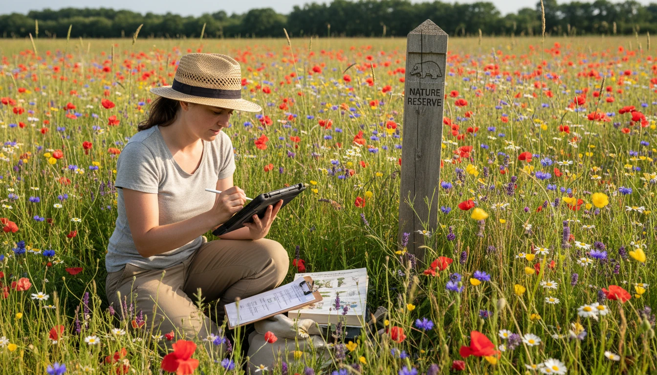 Conservation volunteer recording wildflower species in a nature reserve with a tablet