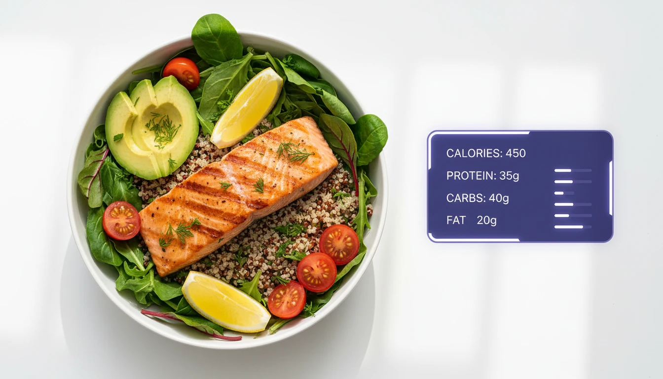 AI analyzing a colorful healthy meal plate with calorie and nutrition data overlay
