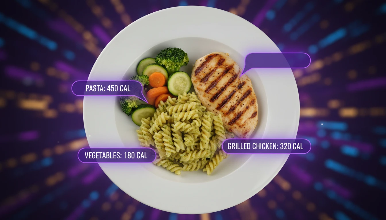 Overhead photo of a restaurant meal with AI calorie labels floating over each dish
