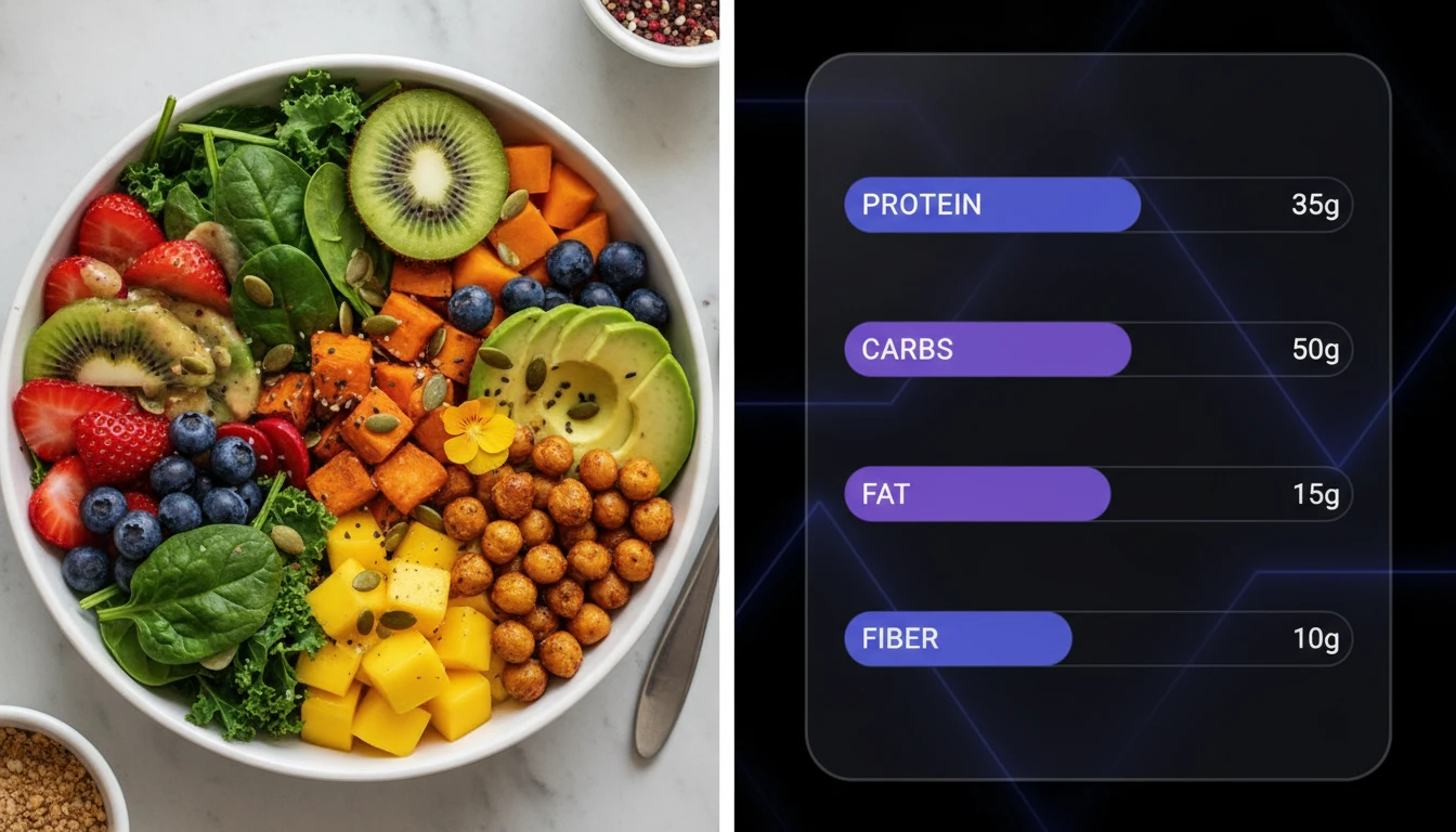 Detailed nutrition panel showing macros and micronutrients for a healthy meal