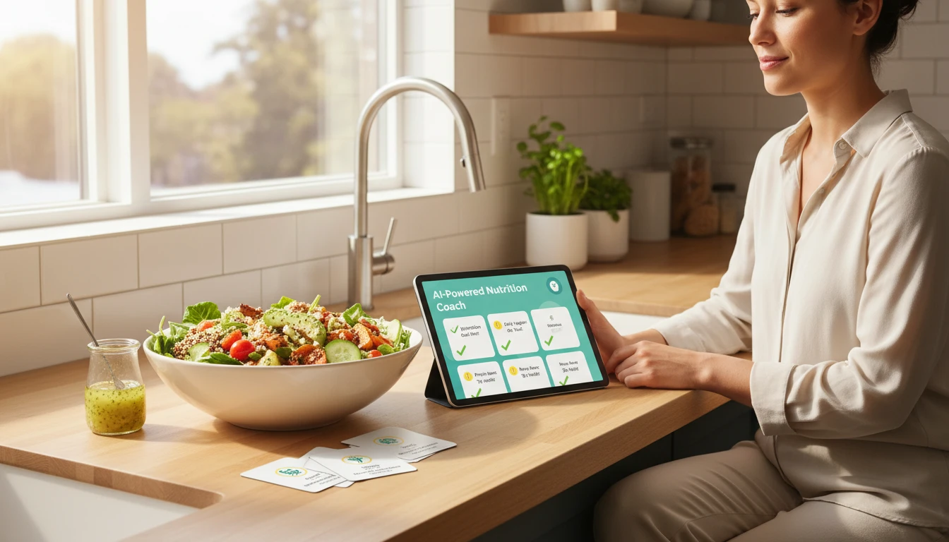 AI health recommendation cards displayed alongside a healthy meal