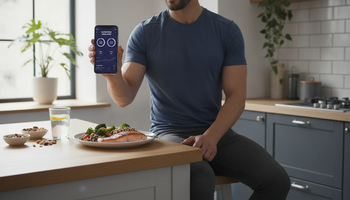 Person in workout gear tracking calories on a phone after a meal