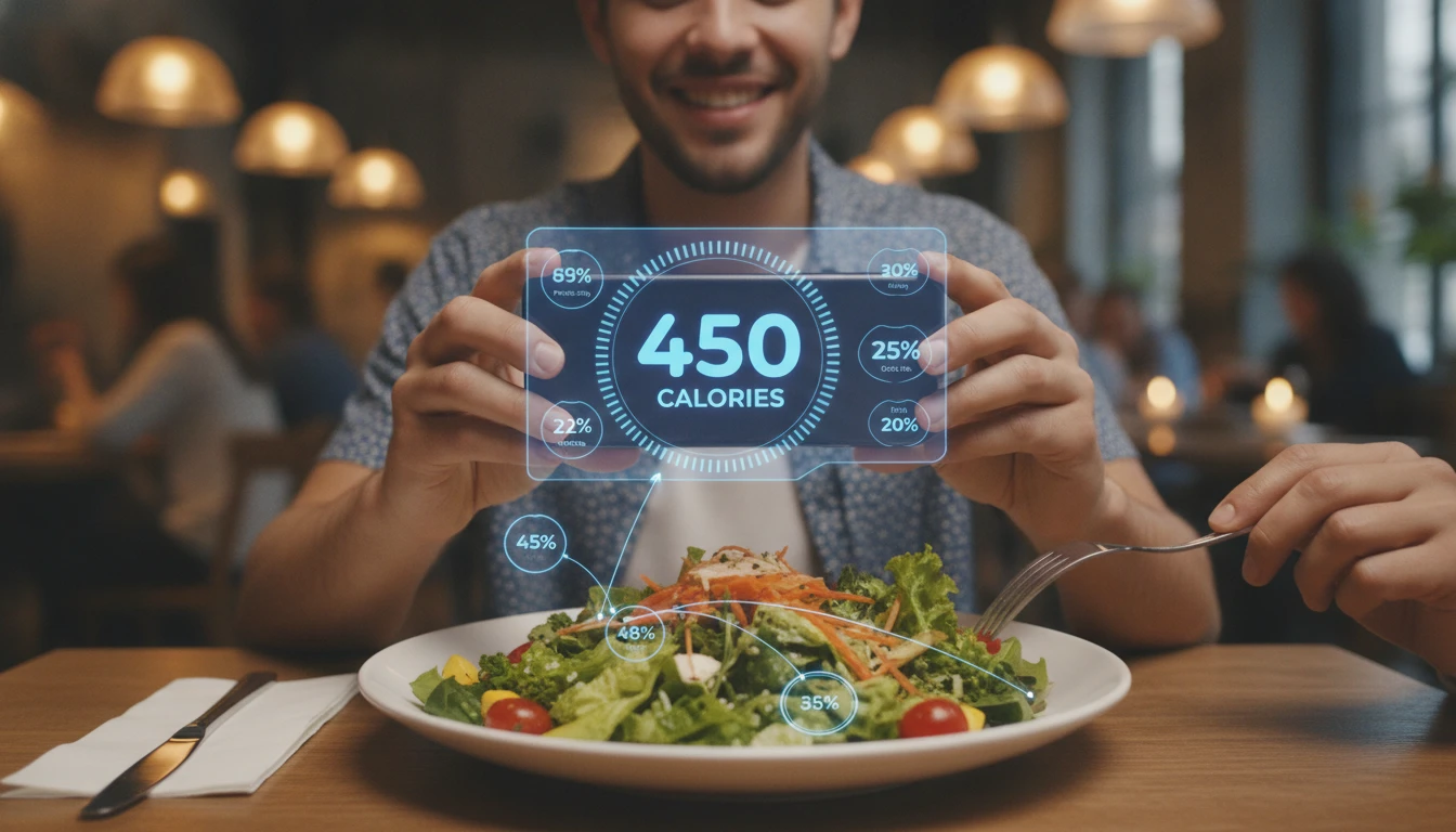Person photographing a restaurant meal to check calories