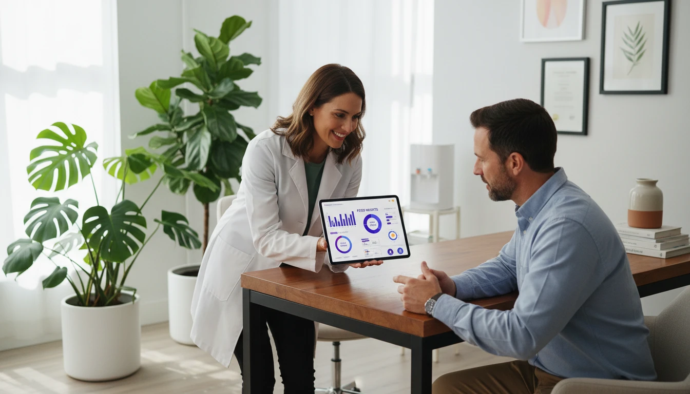 Nutritionist reviewing AI food analysis on a tablet with a client