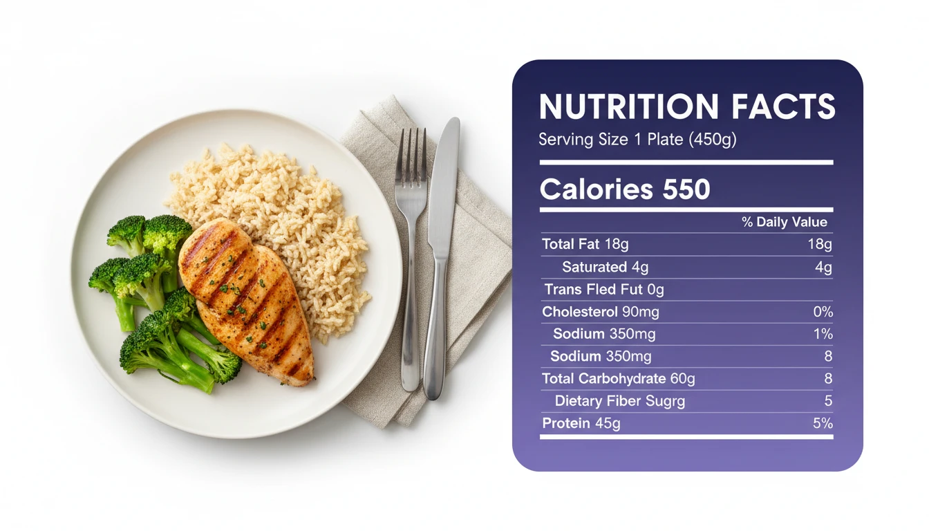 A nutrition facts panel overlaid on a healthy meal photo