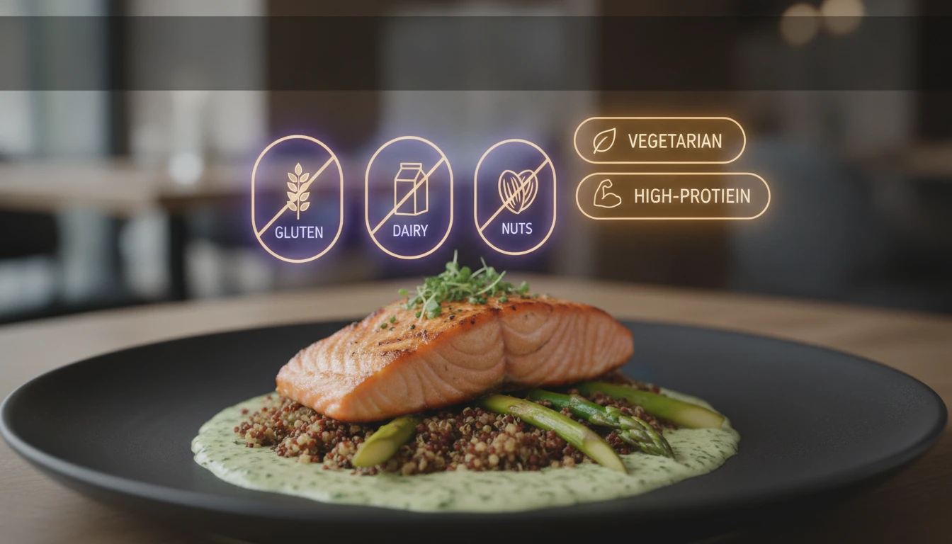 Food allergen detection interface showing allergen badges on a meal photo
