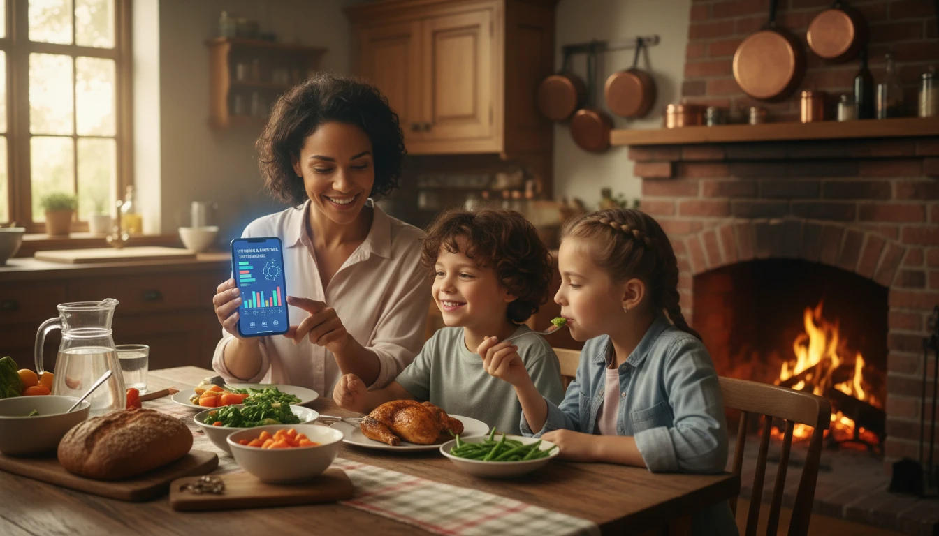 Parent checking nutritional completeness of a family dinner