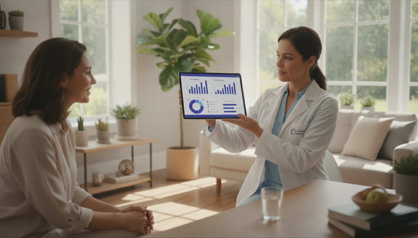 Nutritionist showing a detailed nutrition report to a client on a tablet