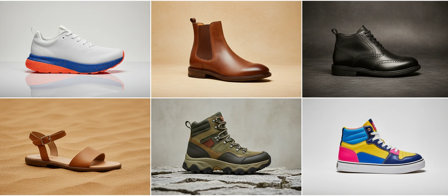 Photo collage grid of different footwear categories including sneakers, boots, formal shoes, sandals, and athletic footwear