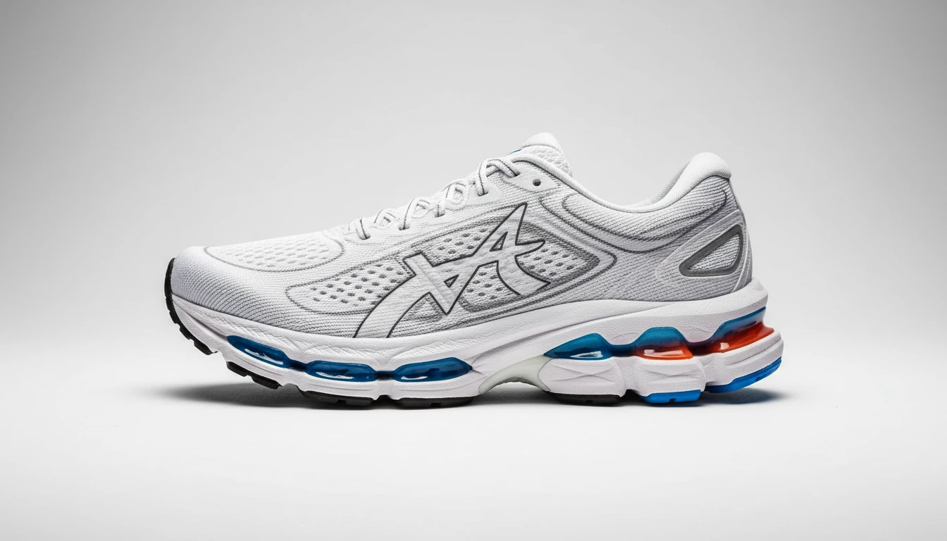 Side view of a running shoe showing brand logo and sole detail