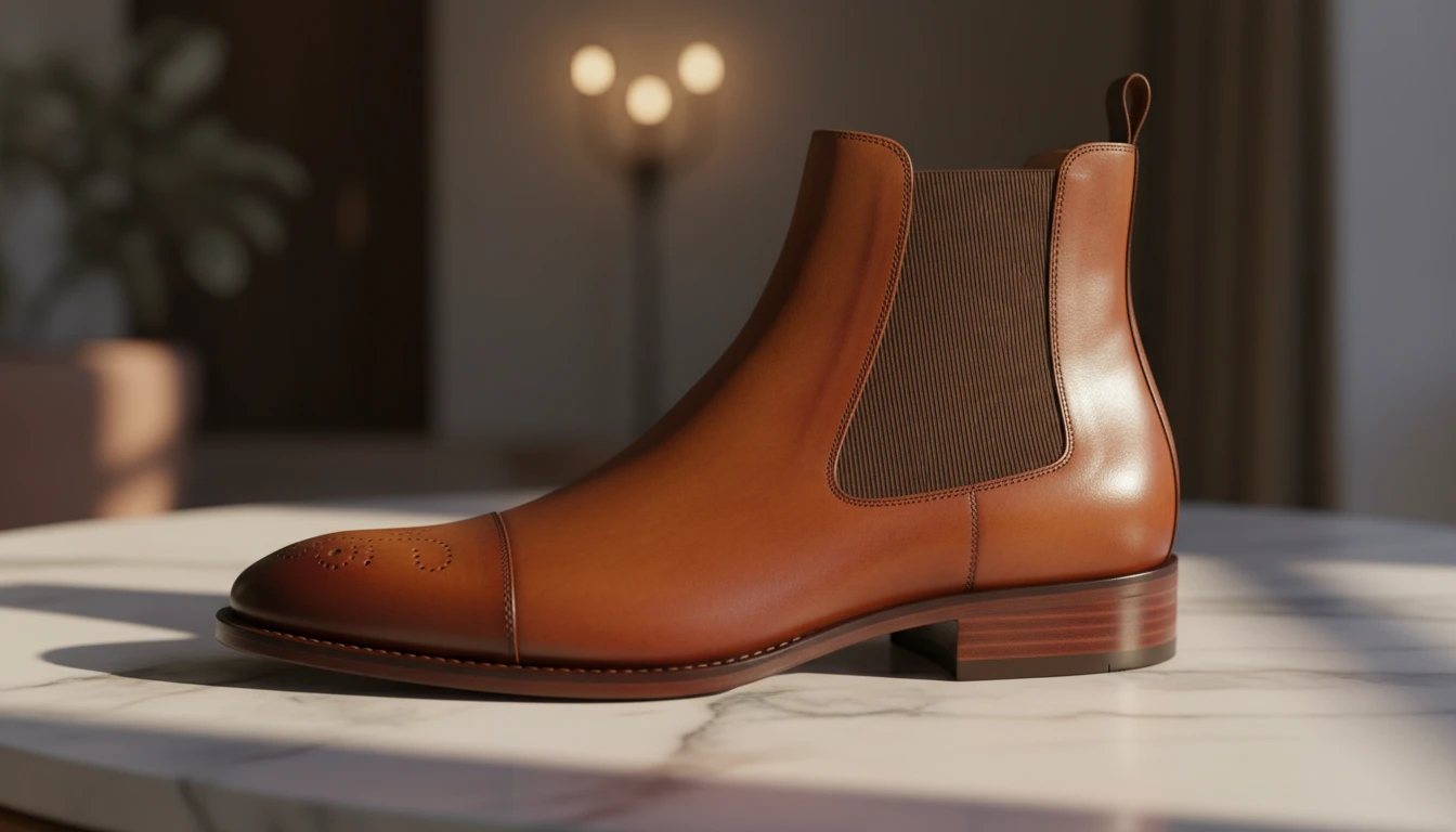 Close-up of a leather boot showing the sole, stitching, and buckle hardware detail