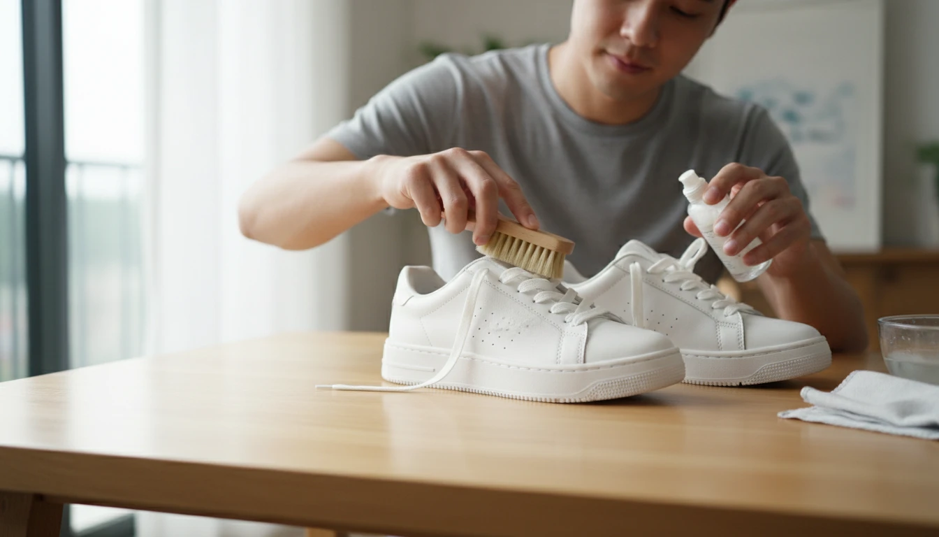 Person cleaning a pair of sneakers with care products