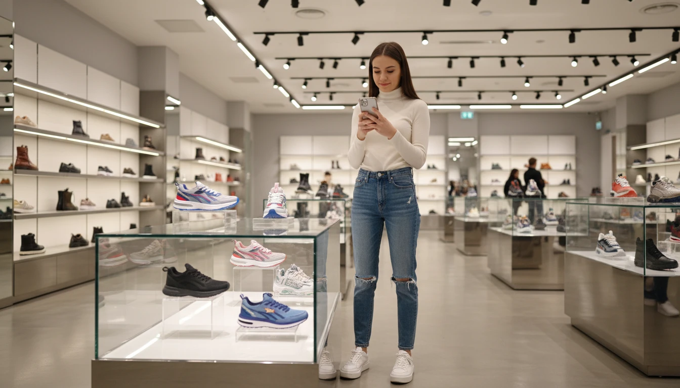 Shopper photographing a pair of shoes on a display shelf to identify the brand