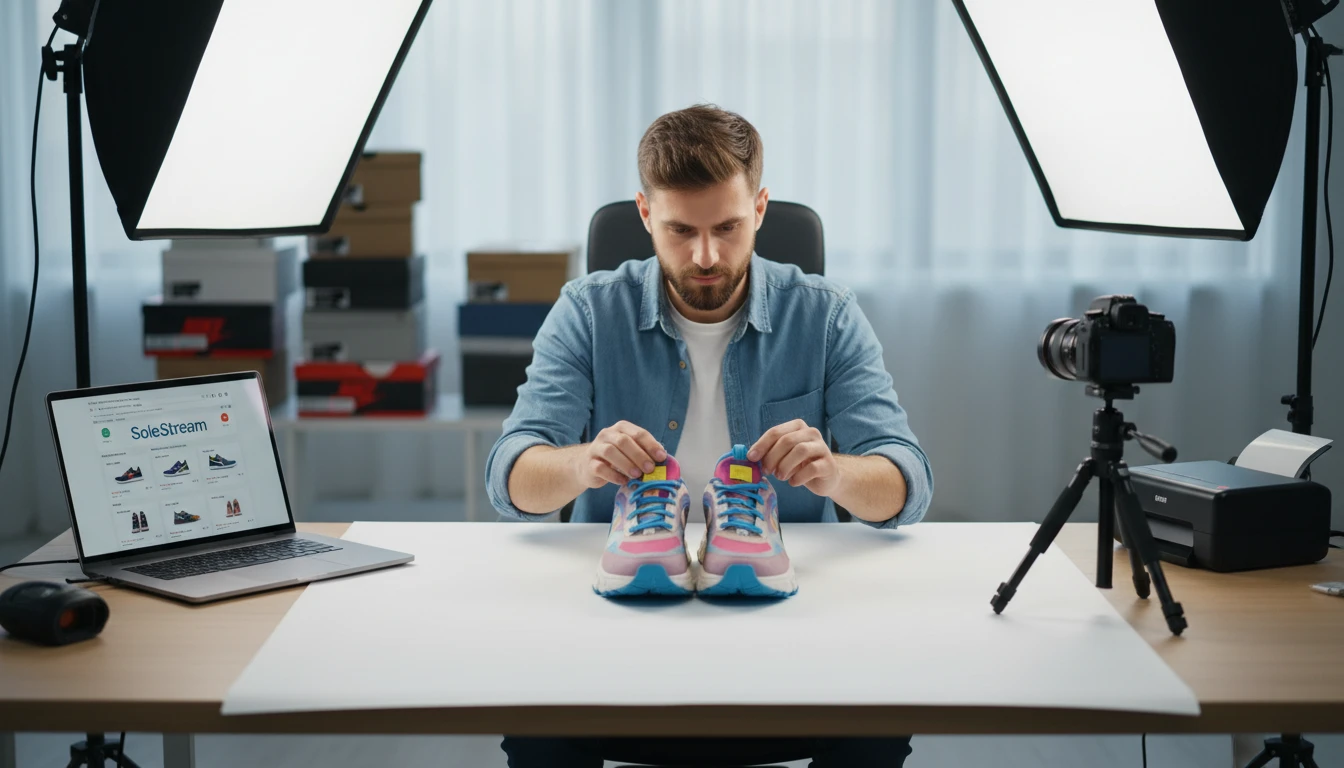 Reseller photographing a pre-owned sneaker on a clean surface for a listing