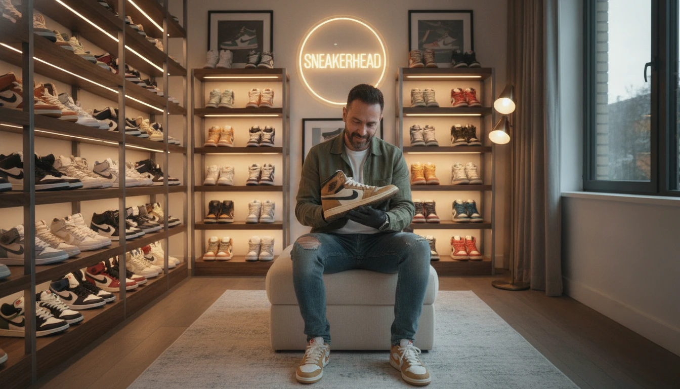Sneaker collector examining a rare pair of sneakers in a well-organised shoe collection