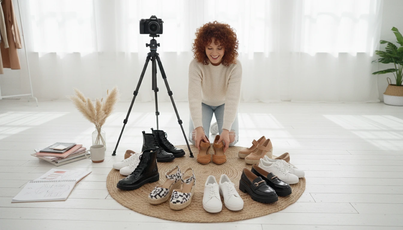 Fashion content creator photographing footwear for a styling article in a studio