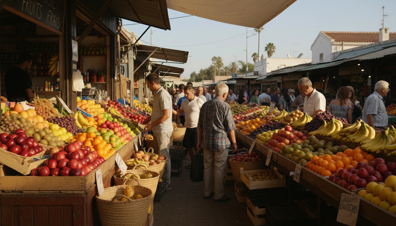 Person at a farmers market holding an unfamiliar exotic fruit and photographing it with a phone to identify it