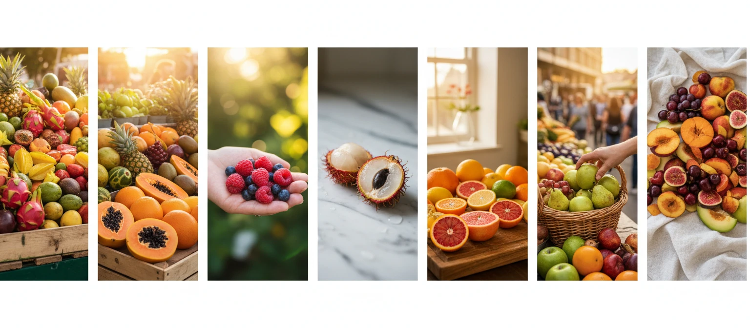Wide editorial collage of diverse fruits in market, kitchen, and garden settings