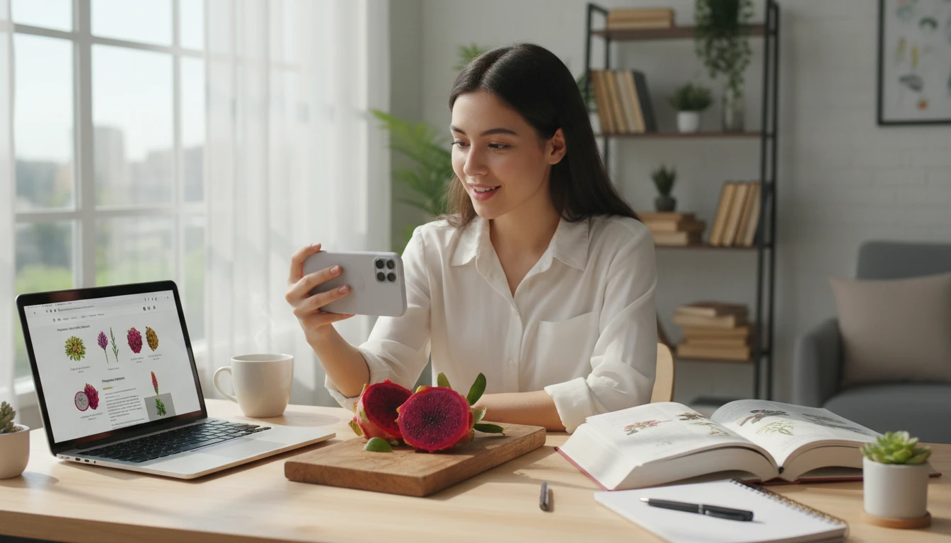 Student at a desk photographing an exotic fruit for a botany project identification with a phone beside a laptop