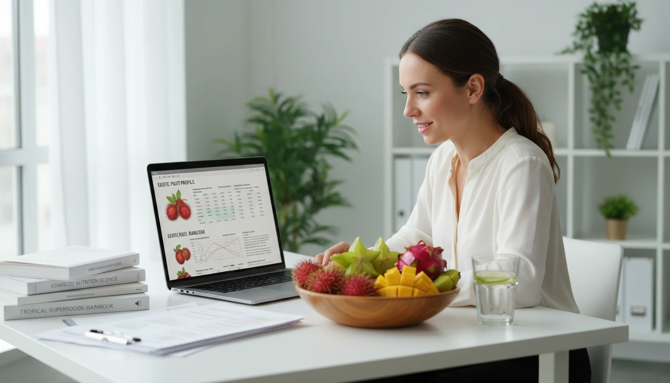 Nutritionist at a desk reviewing the nutritional analysis of an exotic fruit on a laptop beside a fruit bowl