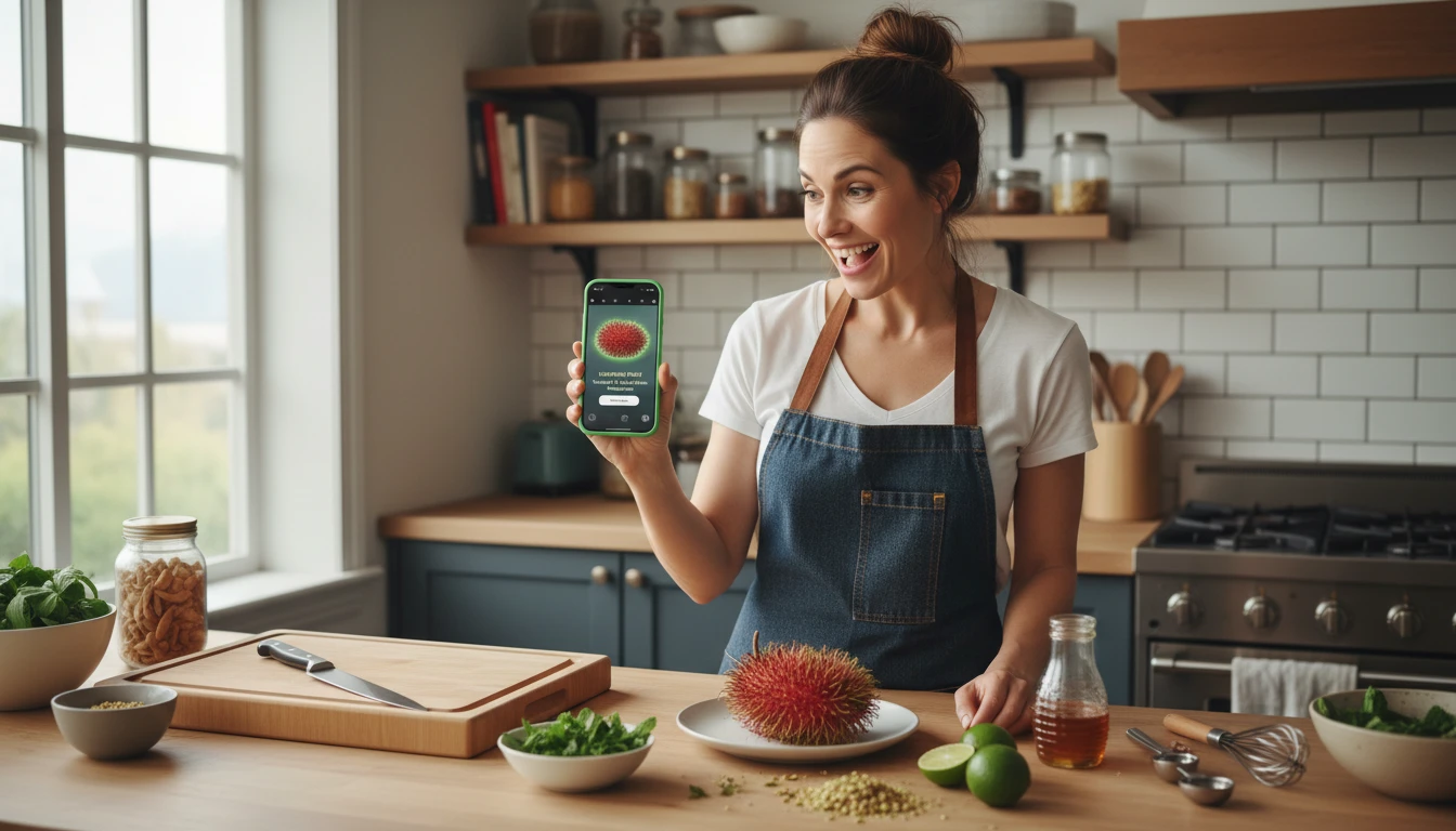 Home cook at a kitchen counter using an AI fruit identifier to learn how to use an unfamiliar fruit in a recipe on a phone