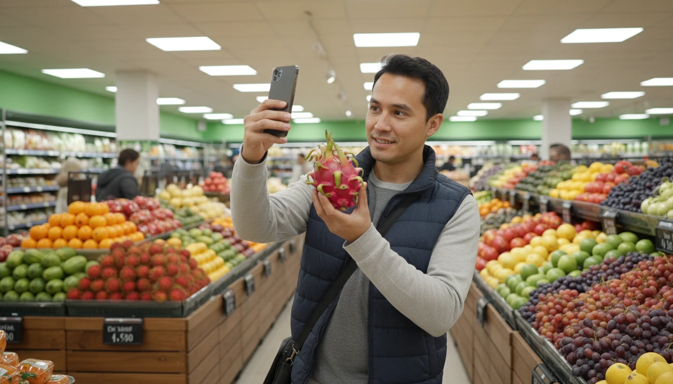 Shopper at a grocery store photographing an unfamiliar exotic fruit with a phone to identify it and learn how to use it