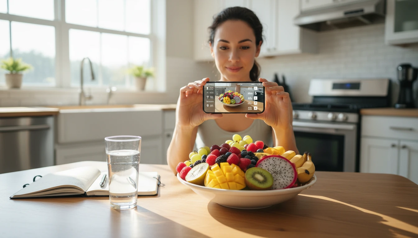 Health-conscious person at a kitchen table photographing a colourful fruit bowl to analyse the nutritional content on a phone