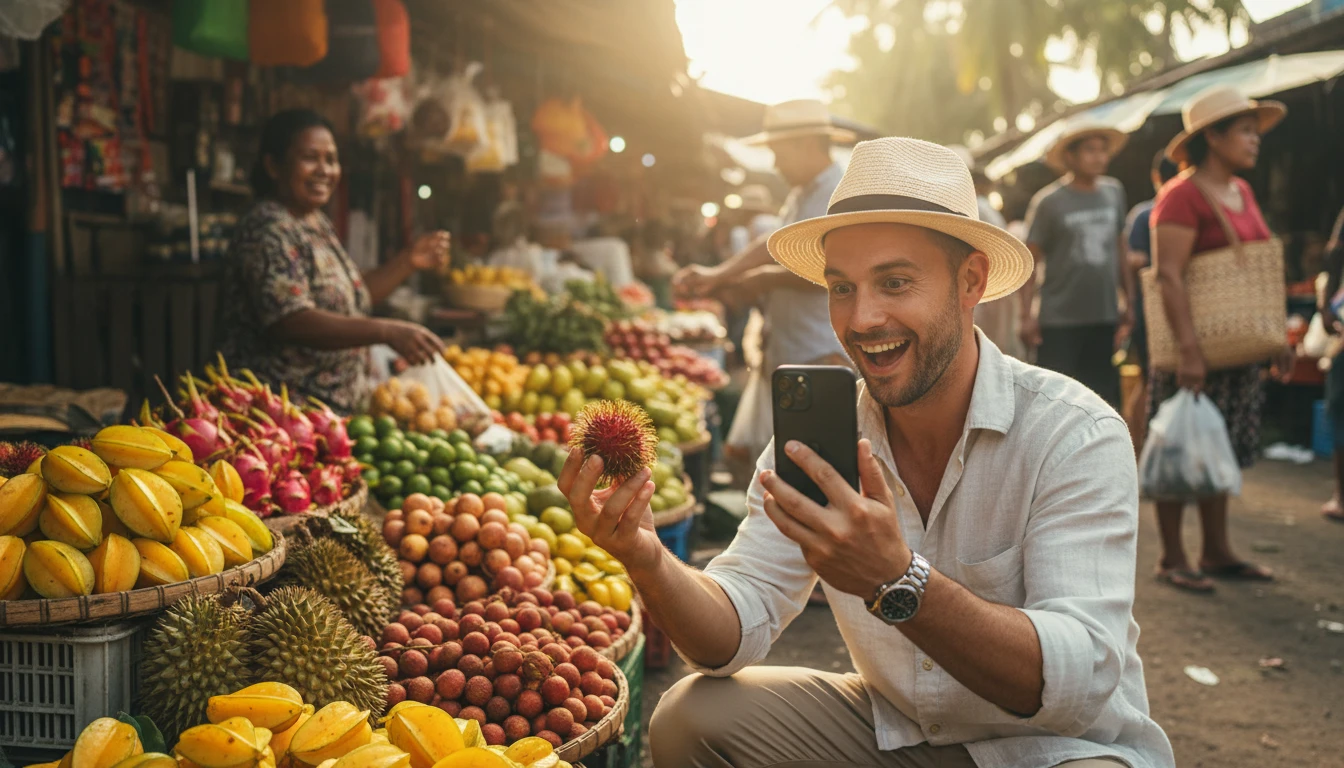 Traveller at a tropical market photographing an exotic local fruit with a phone to identify it while travelling