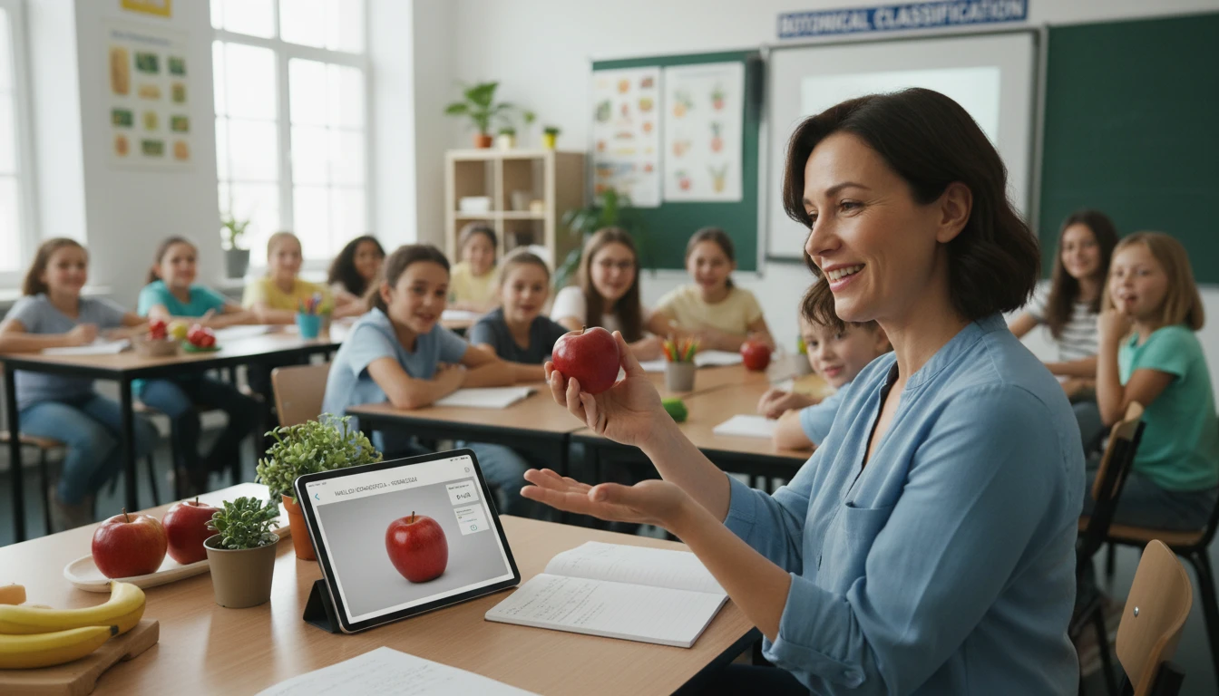 Teacher at a classroom desk using an AI fruit identifier to demonstrate botanical classification with a fruit specimen to students
