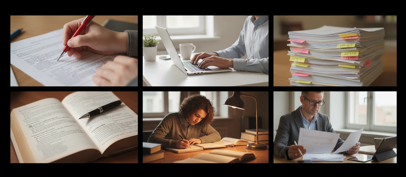 Editor reviewing and annotating a document with grammar and style corrections at a professional desk