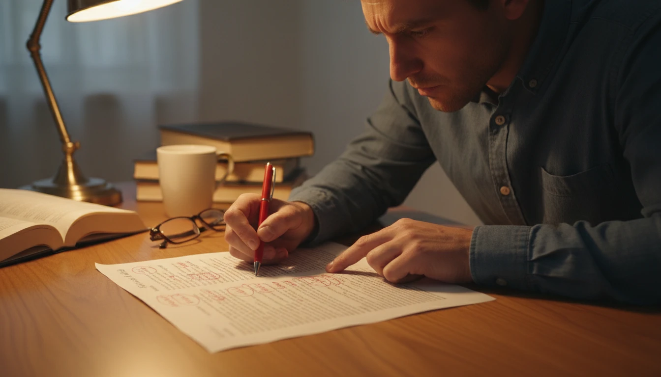 Editor reviewing a marked-up document with corrections and explanations annotated in the margins