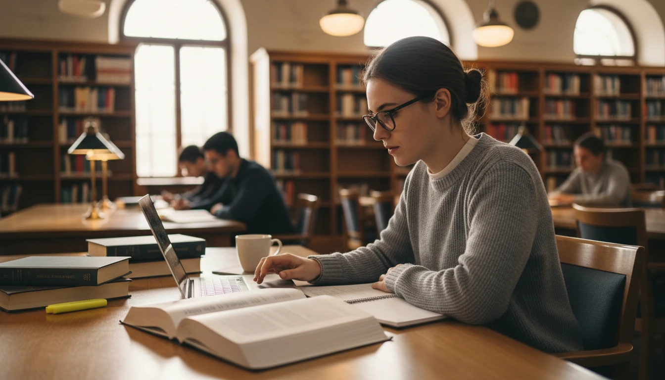 Student proofreading an academic essay on a laptop in a study room