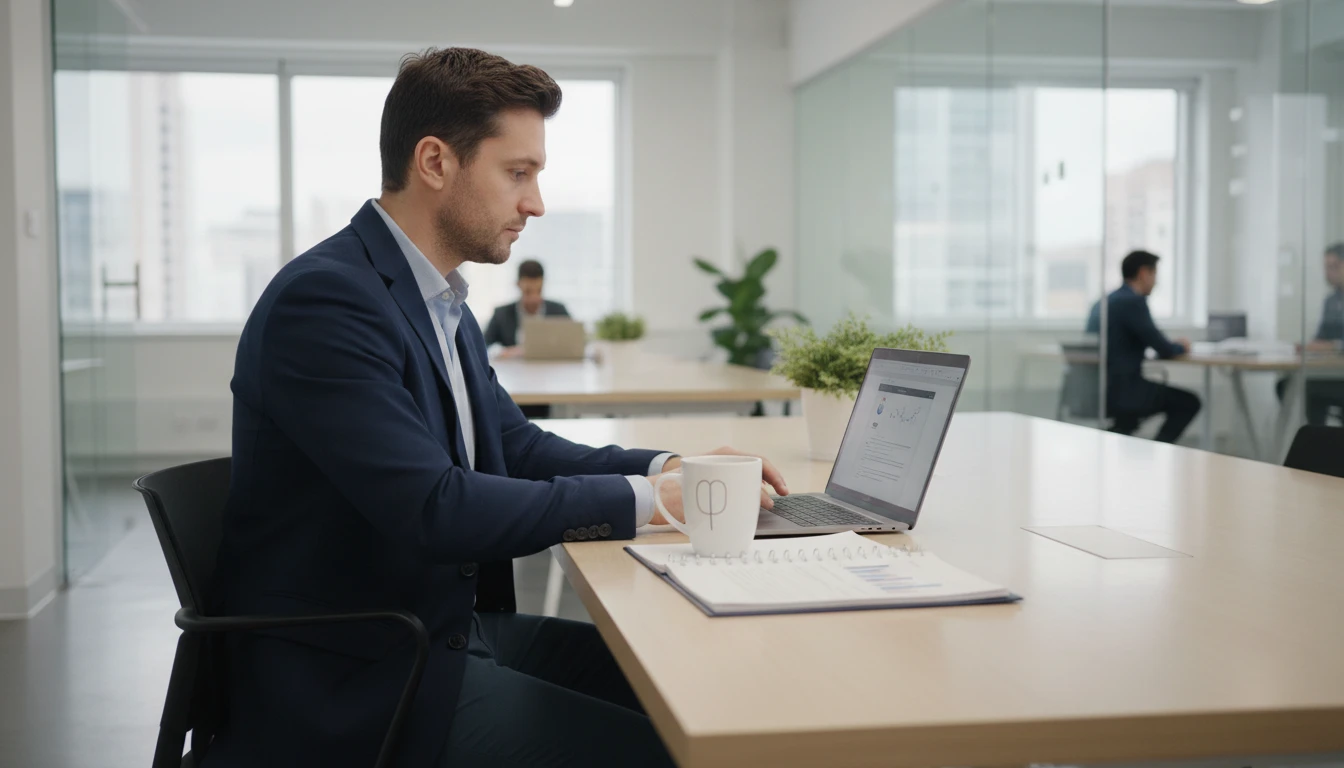 Business professional proofreading a report on a laptop at a modern office desk