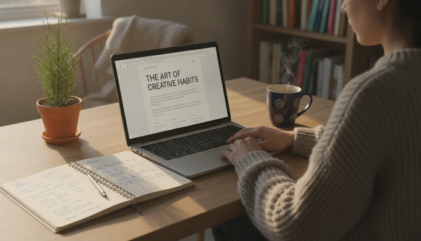 Content creator checking a blog post for grammar errors on a laptop at a home desk