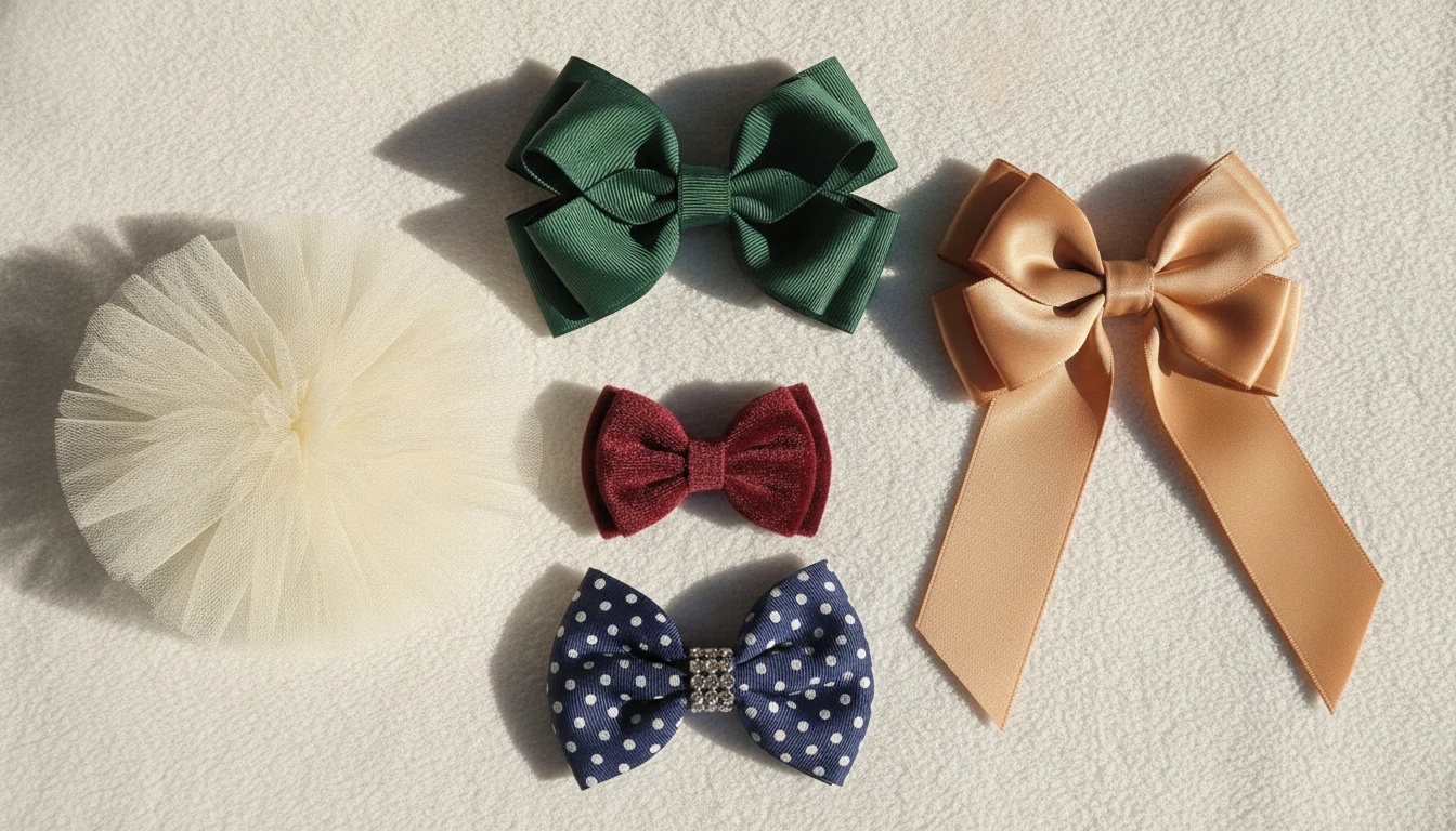 Collection of colourful hair bows in different styles arranged on a flat lay surface