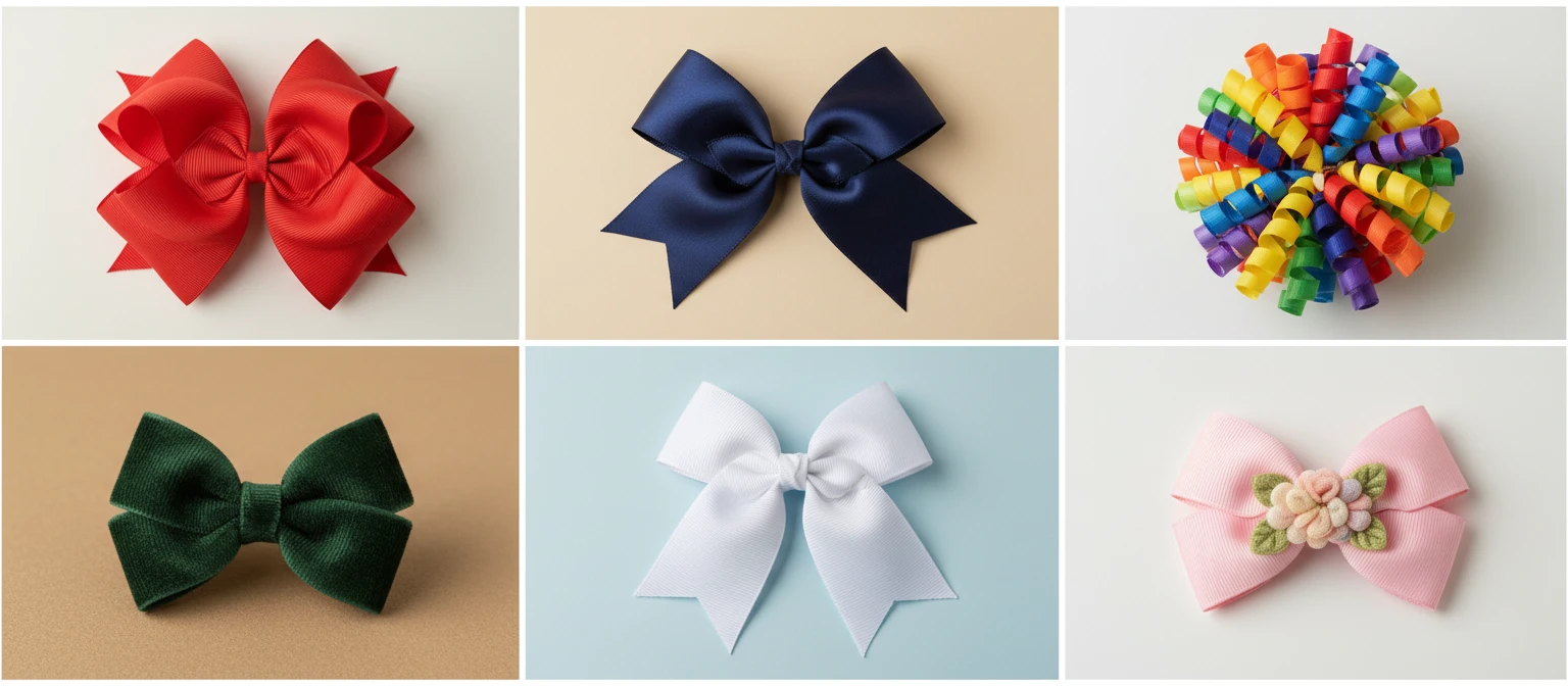 Photo collage of different hair bow style categories including boutique, ribbon, korker, velvet, sailor, and character bows