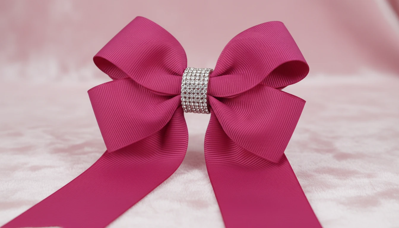 Close-up of a large boutique bow with layered grosgrain ribbon and rhinestone centre