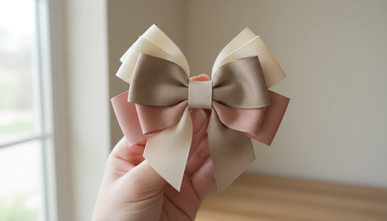 Side view of a layered boutique bow showing the construction and ribbon detail