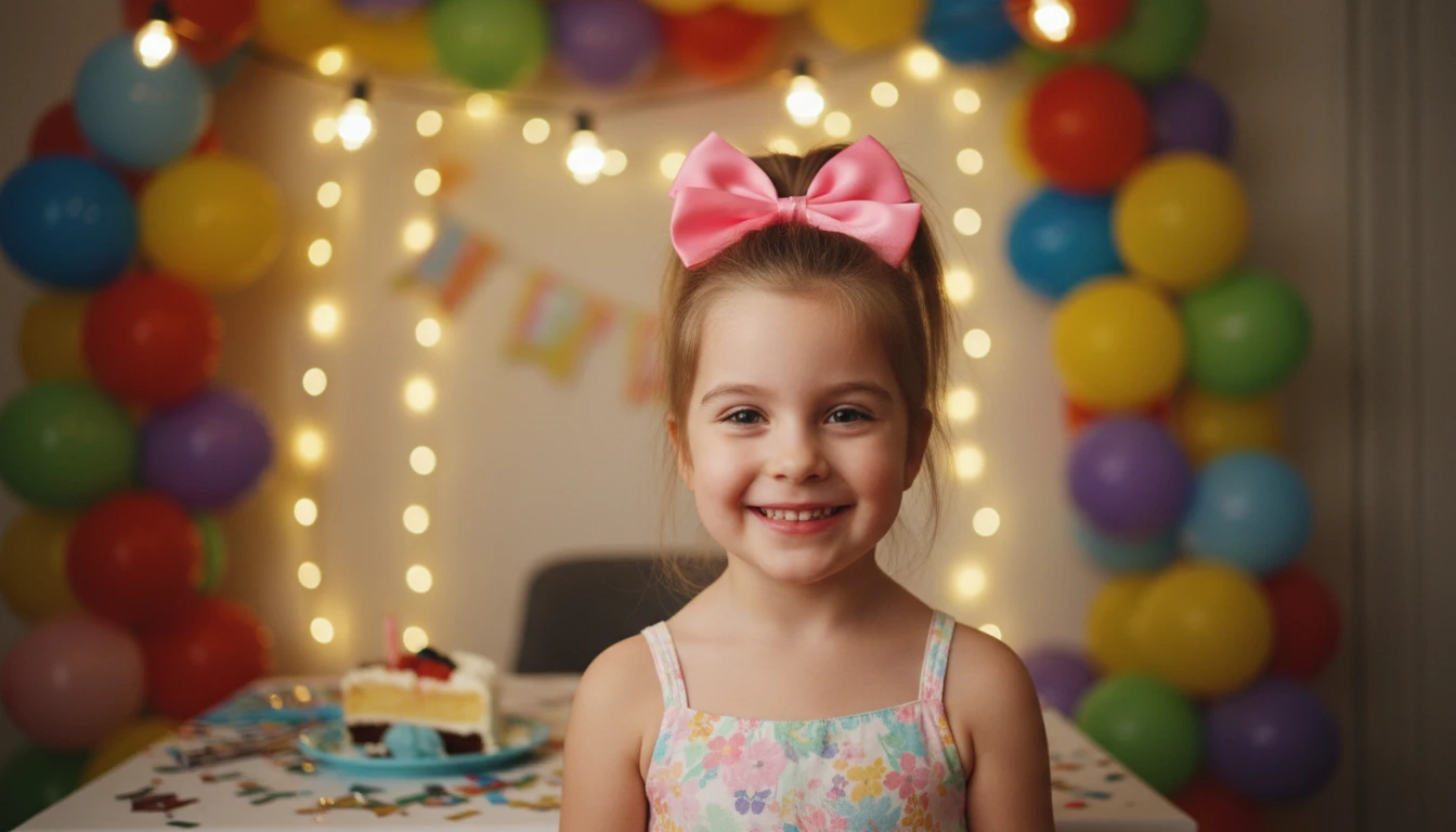 Child wearing a large hair bow at a birthday party setting