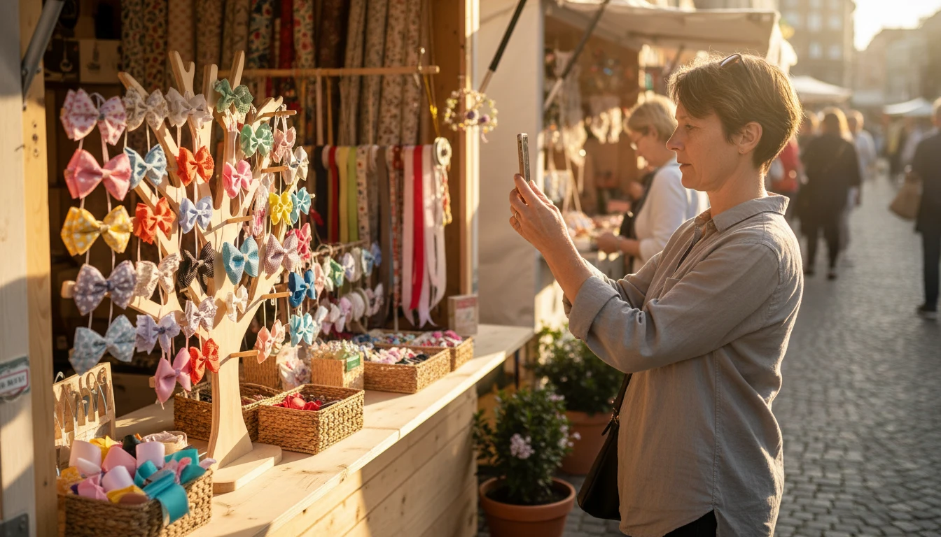Parent photographing a hair bow at a craft market to identify the style