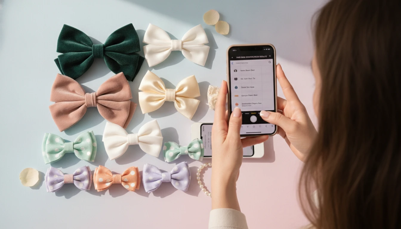 Fashion enthusiast organising a collection of hair bows in a flat-lay arrangement