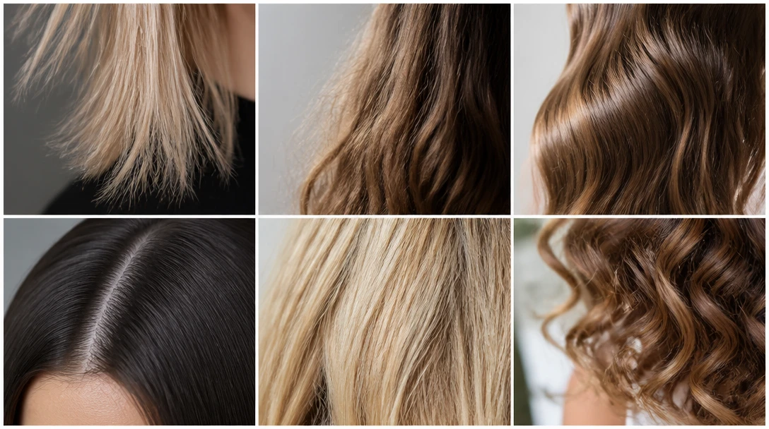 Photo collage of dry ends, frizz halo, shiny healthy lengths, and a scalp part in daylight