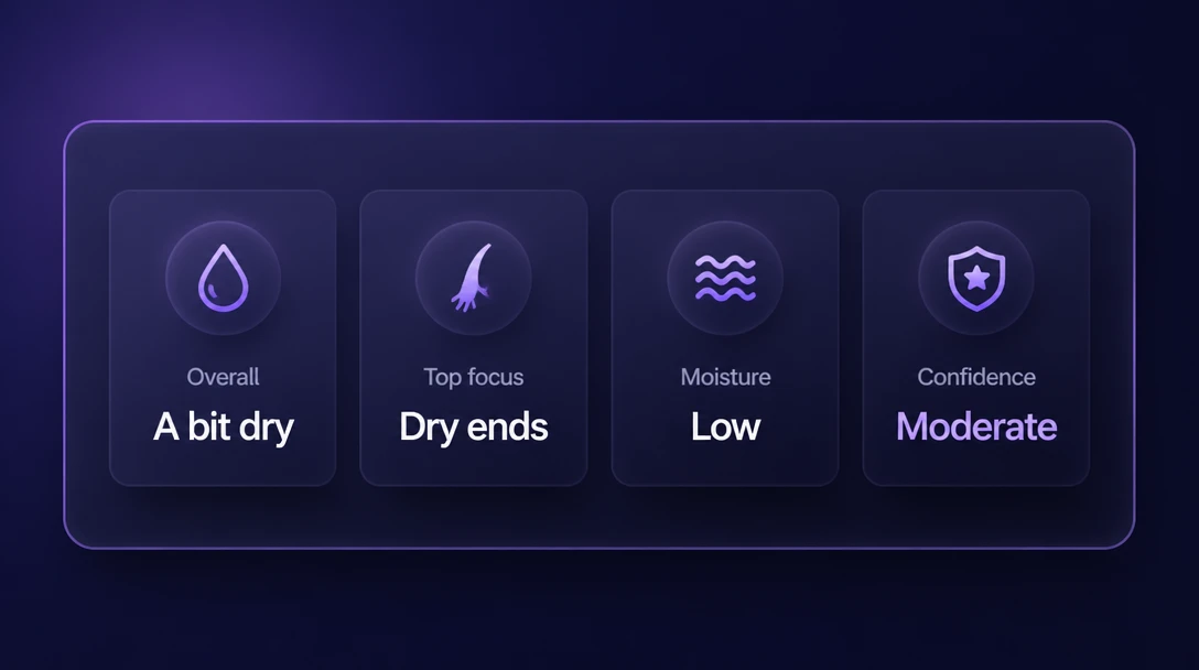 Four cards showing overall look, top focus dry ends, moisture low, and moderate confidence