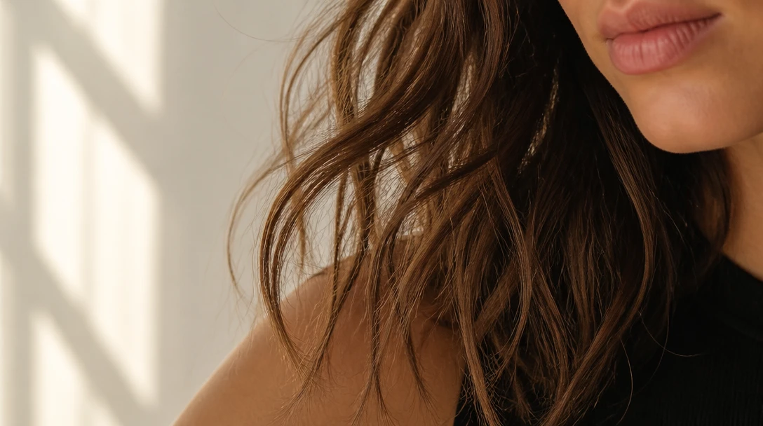 Close-up of dry hair ends in daylight showing texture and a few wispy pieces