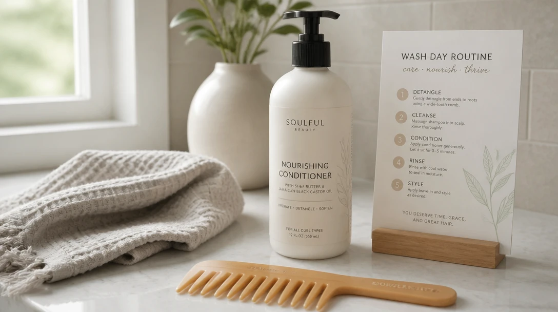 Hair-care bottles and a short wash-day routine card on a bathroom counter