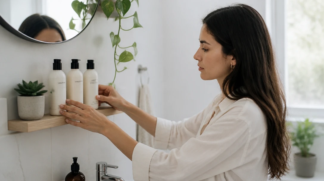 Person lining up hair-care bottles on a bathroom shelf