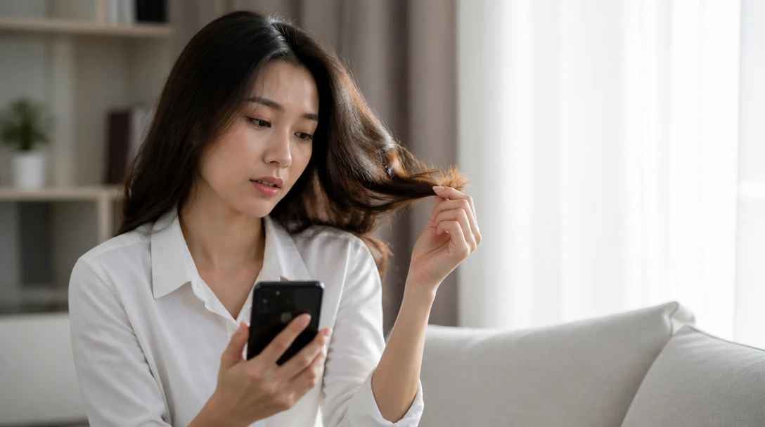 Person holding hair ends toward a window while looking at a phone