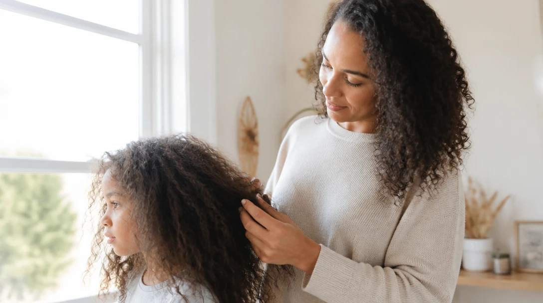 Parent gently checking a child’s dry hair near a window