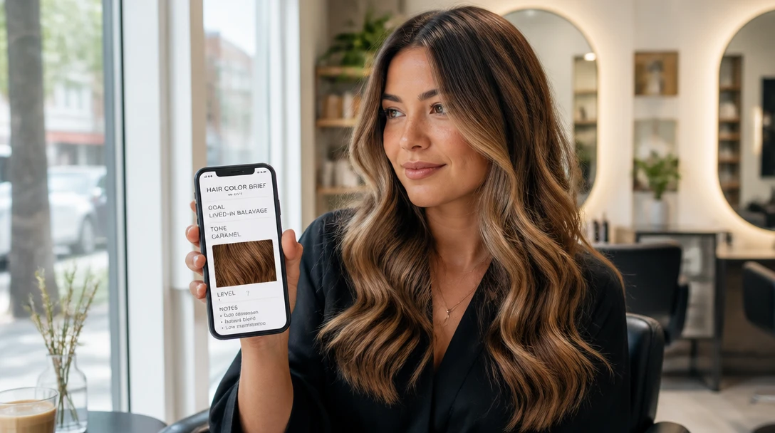 Person showing a phone hair-color brief next to warm caramel balayage in daylight